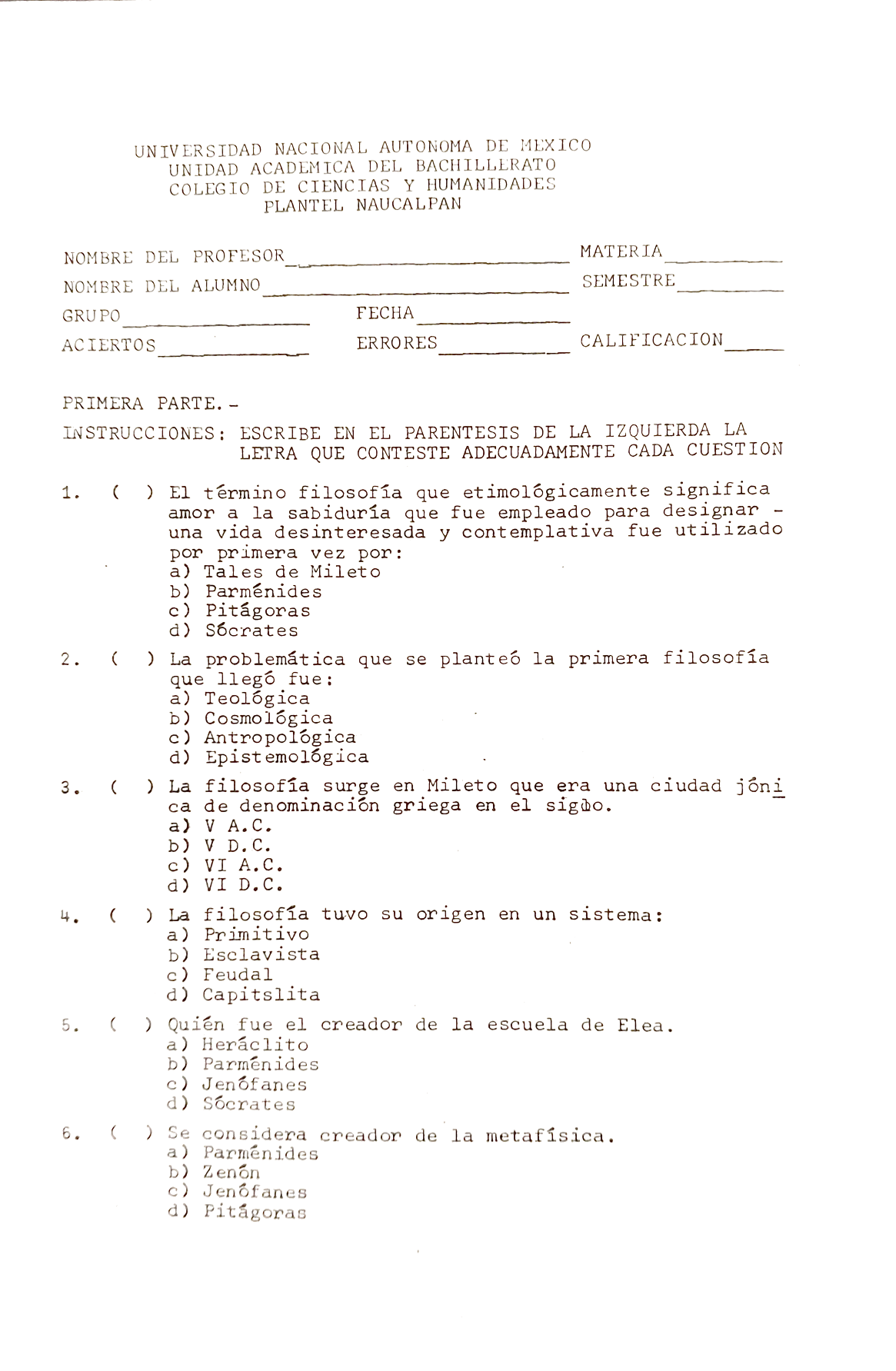 Examen de la asignatura de Filosofía, año 1985.