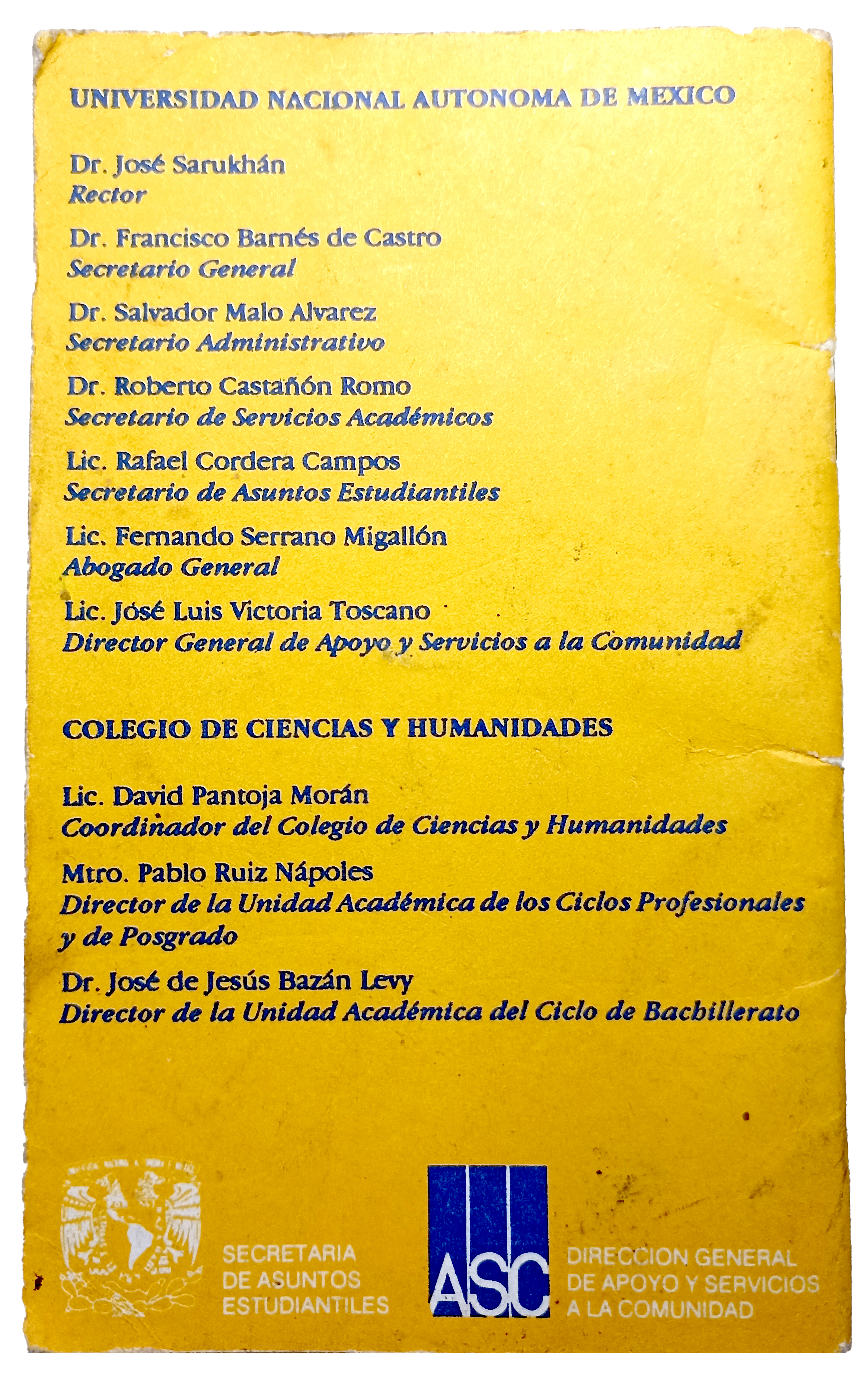 Agenda del estudiante, reverso. Se entregaba en la ceremonia de ingreso. 1993. Sergio Miranda Plata.