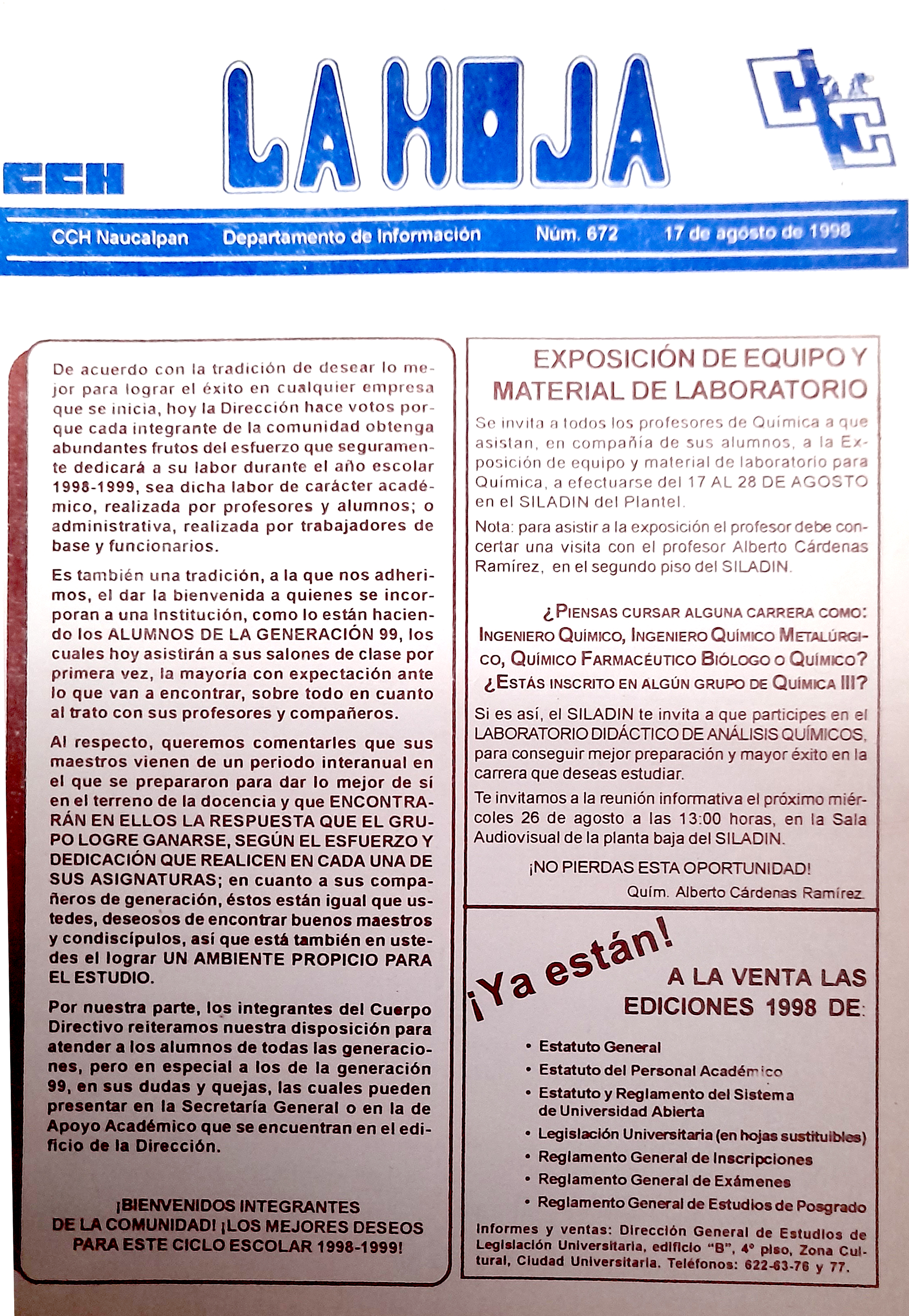 Un ejemplar de La Hoja, agosto 1998. Maribel Villarreal.